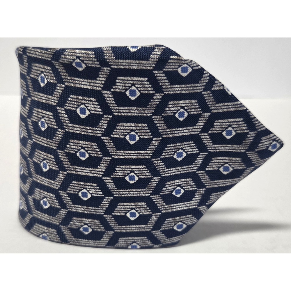 Countess Mara Necktie Blue/Gray/Ivory Geometric 100% Silk Tile Elongated Hex - Picture 1 of 12